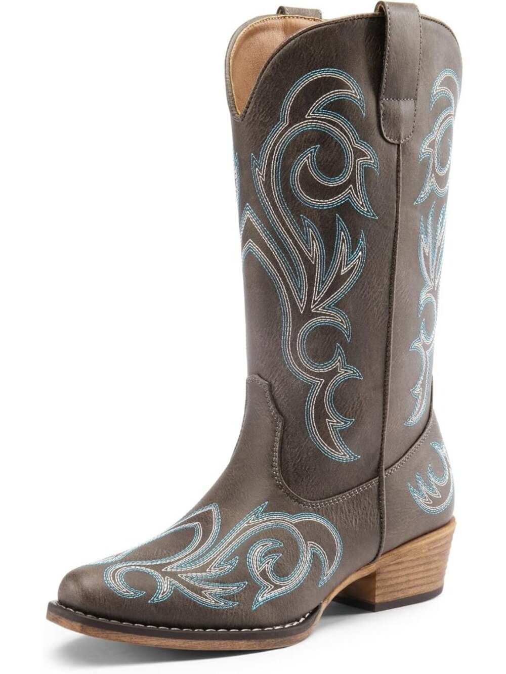 DREAM PAIRS Women's Brown Cowboy Boots Mid Calf Cowgirl Boots Square Toe Boots - Picture 1 of 6